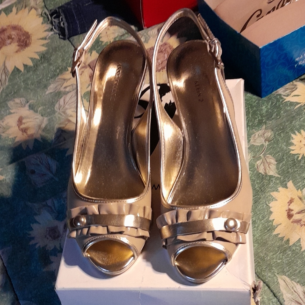 Elegant Gold Peep-Toe Heels By Anne Klein 2 NEW SIZE 10 M And Box